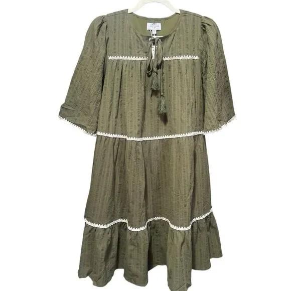 Annie Wear Olive Tiered Mini Babydoll Dress Pockets Short Sleeve NWT - Picture 8 of 15